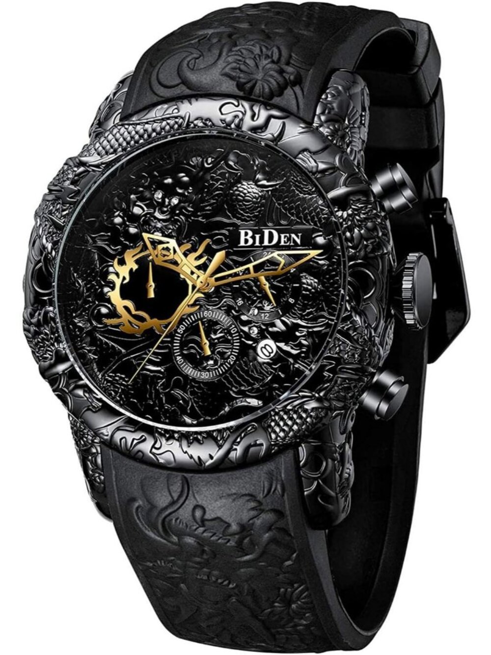 Men's All Black Analog Quartz Big Dial 3D Sculpture Dragon Luxury Wrist Watch